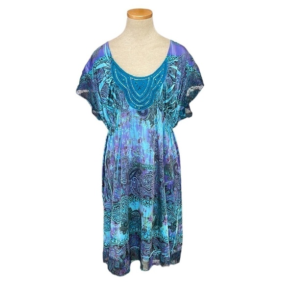 One World Dress Womens Large L Blue Paisley Short Sleeve Sequins Midi - Picture 1 of 16